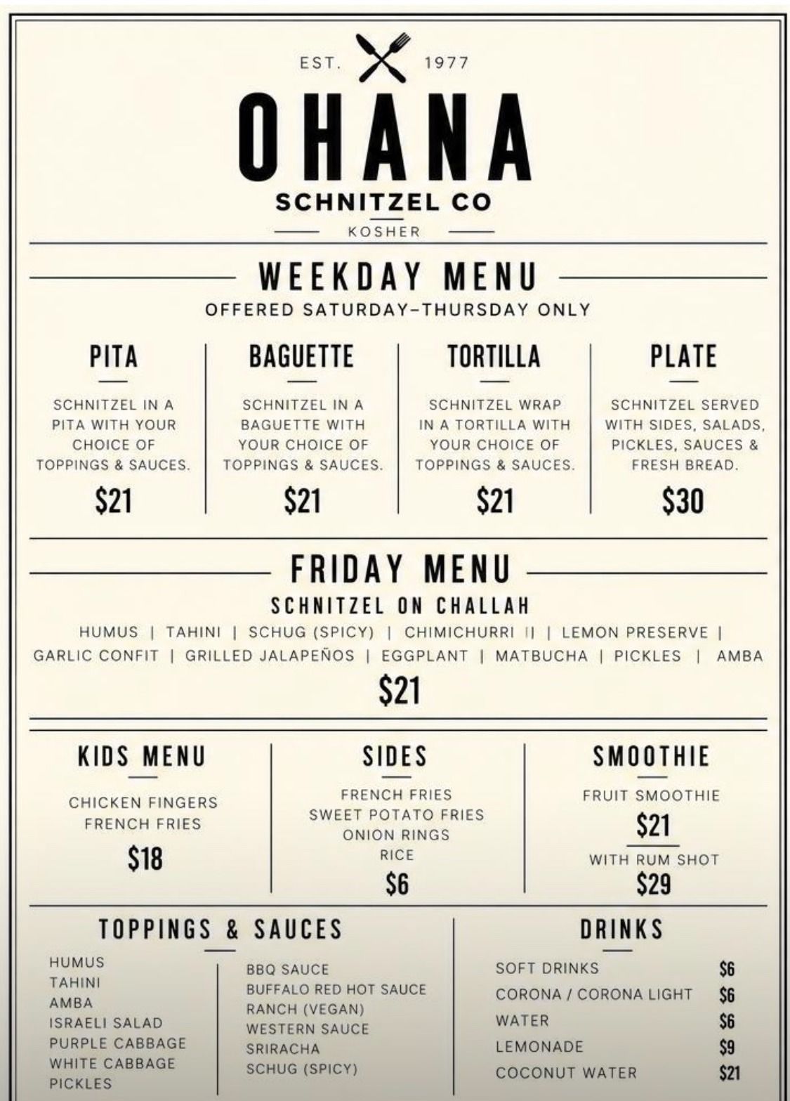 OHANA Schnitzel Co full menu board